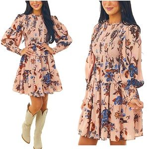 Pink Floral Dolman Sleeve Smocked Mini Dress